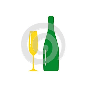 Champagne bottle and glasse silhouette,beverage container and goblet.Alcohol drink icon on a white background.Simple romantic logo