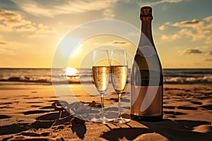 Champagne bottle and glasses on the beach at sunset. Holiday concept, Champagne bottle and two glasses on sand, at sunset, AI