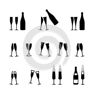Champagne bottle and glasses cheers toast icon vector illustration. Birthday Christmas Eve New Year happy event celebration set