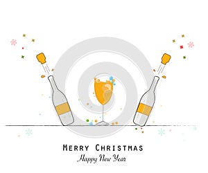 Champagne bottle and glasses. Happy new year and merry christmas greeting card