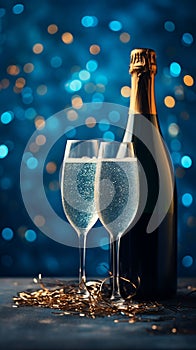 Champagne bottle and glasses of sparkling wine on dark blue background with bokeh and Festive lights