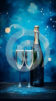 Champagne bottle and glasses of sparkling wine on dark blue background with bokeh and Festive lights