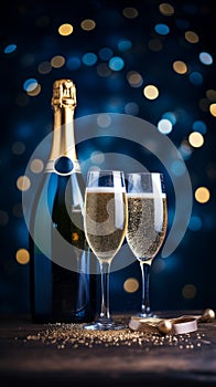 Champagne bottle and glasses of sparkling wine with sparkler in it on dark blue background with bokeh and Christmas lights