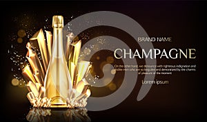 Champagne bottle with gold crystal grains banner