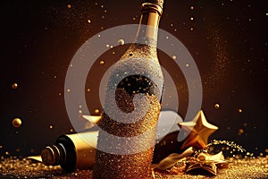 Champagne bottle and golden stars on dark background. Christmas and New Year concept. Copy Space. Generative AI