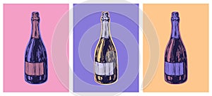 Champagne Bottle Hand Drawing Vector Illustration Alcoholic Drink. Pop Art Style. Party