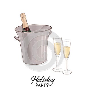 Champagne bottle with ice bucket vector illustration. Vector art. Celebration greeting card, anniversary design. Bithday
