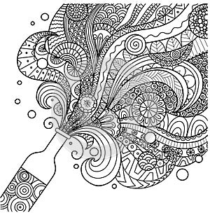 Champagne bottle line art design for coloring book for adult,poster, card and design element