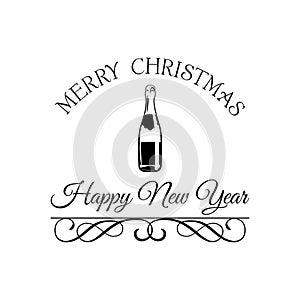 Champagne Bottle. Merry Christmas And Happy New year Greeting Card. Vector Illustration