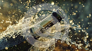 champagne bottle is opened. cork shoots from champagne bottle. symbolic photo for the year, new year's eve