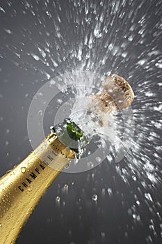 Champagne bottle popping cork close-up
