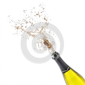 Champagne bottle with popping corks isolated on white