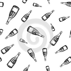 Champagne bottle seamless pattern. Hand drawn isolated vector illustration. Alcohol