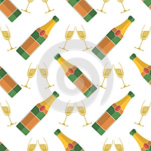 Champagne Bottle Seamless Pattern. Happy New Year. Lets Celebrate. Cheers. Alcoholic Fizzy Drink. Congratulations.