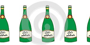 Champagne bottle seamless vector border. Hand drawn elegant sparkling alcoholic drinks horizontal repeating pattern. Use