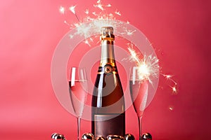 Champagne bottle with sparklers on pink background. Flat lay