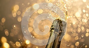 champagne bottle spewing champagne dust on a white background