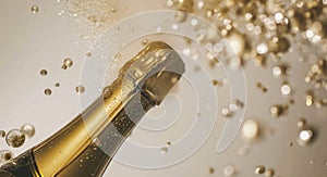 champagne bottle spewing champagne dust on a white background