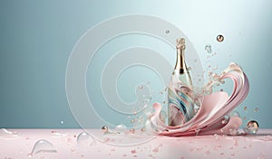 Champagne bottle with splash of pastel paint and bubbles.