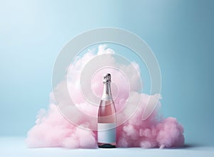 Champagne bottle surrounded by pastel pink cotton clouds.