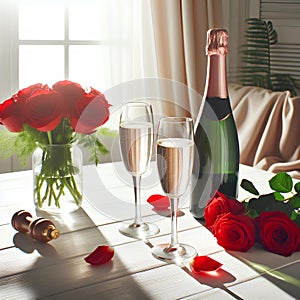 champagne bottle, two empty glasses, red roses on white wooden table, over white room background sunny day