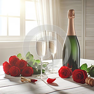 champagne bottle, two empty glasses, red roses on white wooden table, over white room background sunny day