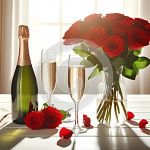 champagne bottle, two empty glasses, red roses on white wooden table, over white room background sunny day