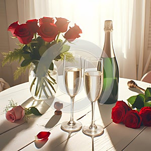 champagne bottle, two empty glasses, red roses on white wooden table, over white room background sunny day