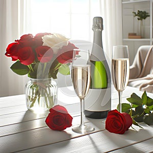 champagne bottle, two empty glasses, red roses on white wooden table, over white room background sunny day