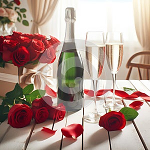 champagne bottle, two empty glasses, red roses on white wooden table, over white room background sunny day