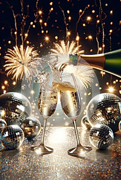 Champagne bottle with two flutes over sparkling fireworks background. Party decoration disco balls and golden glitter