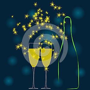 A champagne bottle and two glass of wine. Vector