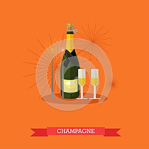 Champagne bottle and two glasses, flat design