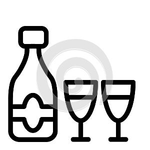 Champagne bottle with two glasses line icon. Celebration bottle and glasses vector illustration isolated on white. Glass