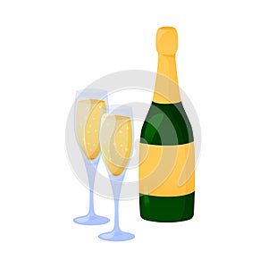 Champagne bottle and two glasses. Sparkling wine in wineglasses isolated. Vector object illustration of alcohol beverage for New