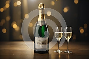 Champagne bottle with two white wine glasses, Happy New Year