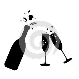 Champagne bottle vector glass icon.Bottle and two glasses black silhouette icons.Toast New Year.Bottle explosion cork.Flat cocktai