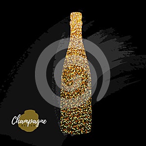 Champagne bottle vector icon. Golden sparkle champagne bottle on black background