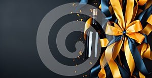 Champagne bottle with yellow and blue color streamers on dark blue background. Holiday decoration and party streamers