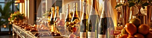 Champagne bottles and fruit on elegant buffet table in luxurious event setting