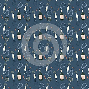 Champagne bottles and glasses vector seamless pattern on blue background. Party invitation, holiday card. Modern grunge background