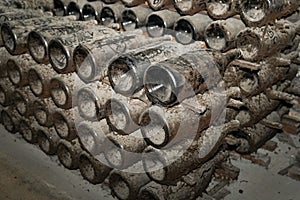 Champagne bottles in stock at champagne cellar in Reims