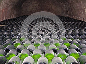 Champagne bottles stored in a cellar