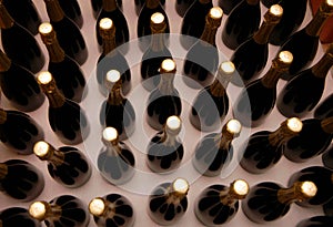 Champagne bottles in wine cellar