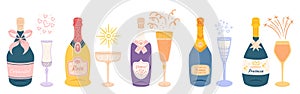 Champagne Bottles And Wineglasses, Sparkling Wine, Effervesces With Celebration. It Gracefully Fills A Wineglass