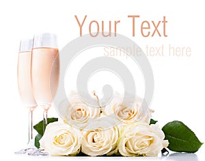 Champagne and a bouquet of roses, ready template