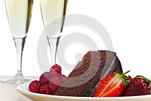 Champagne, Chocolate Cake Raspberries Strawberries