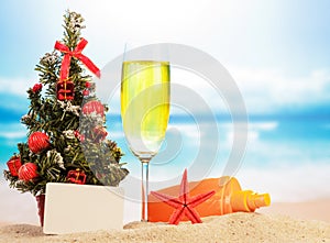 Champagne and Christmas tree with decorative