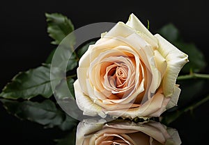 Champagne color rose on a reflective surface minimalist black background