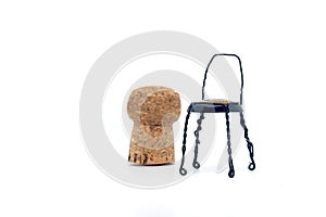 champagne cork. Chair created from cork and champagne stopper isolated on white background